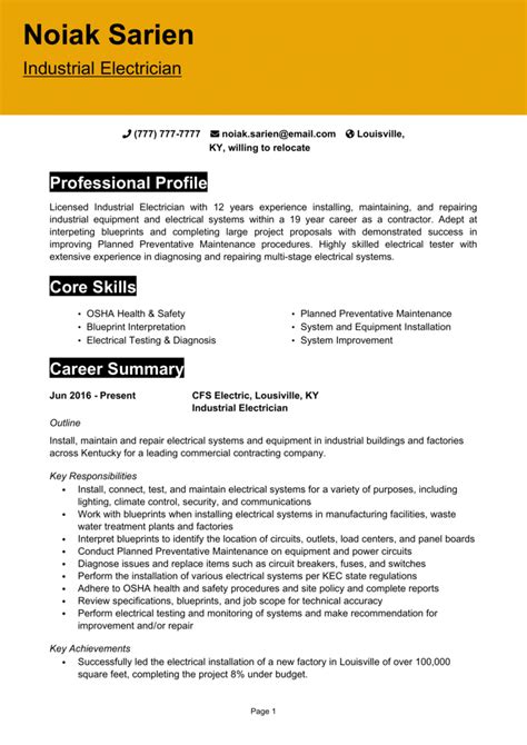concierge resume|industrial electrician resume sample.